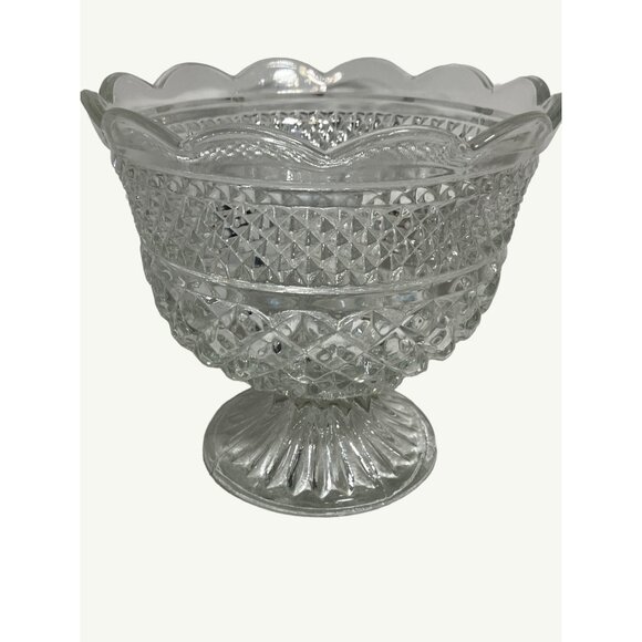 Clear Cut Glass Pedestal Bowl 8" across 7" Tall, Scalloped Edge Vintage - Picture 1 of 14